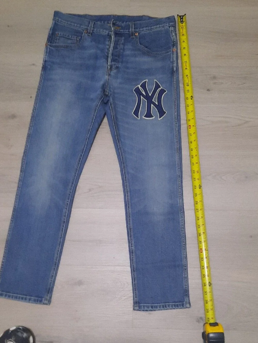 Gucci Men's Blue Slim Straight Jeans with Navy Logo Patch